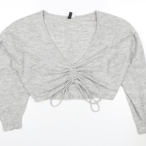 Cubic Women Grey S V-Neck Drawstring Cropped Knit Pullover Jumper