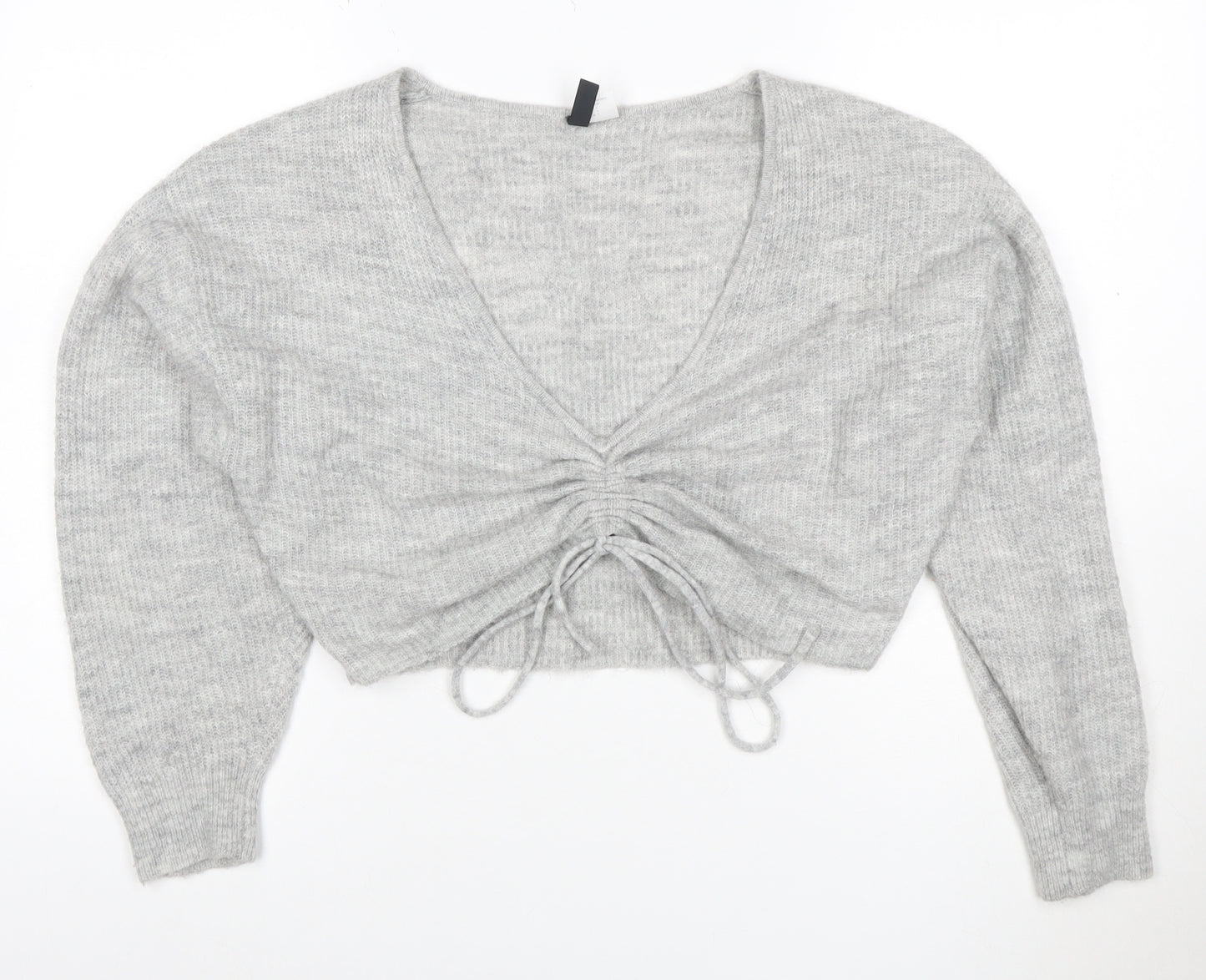 Cubic Women Grey S V-Neck Drawstring Cropped Knit Pullover Jumper
