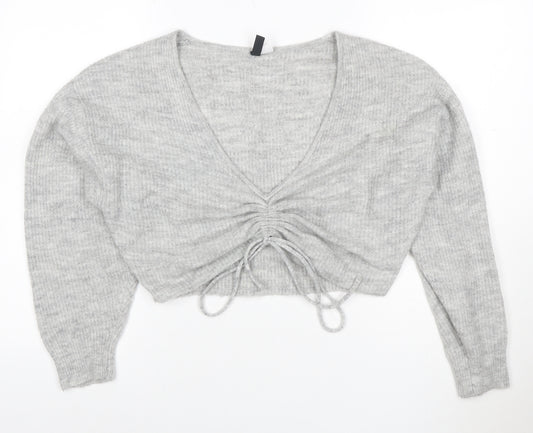 Cubic Women Grey S V-Neck Drawstring Cropped Knit Pullover Jumper