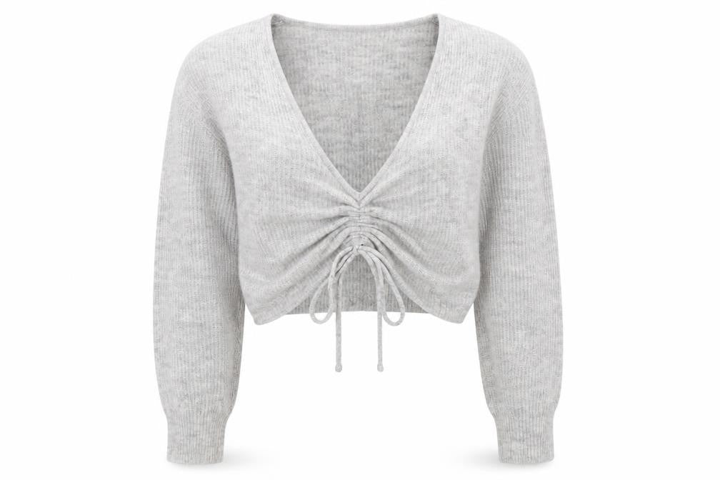 Front view of Cubic Women Grey S V-Neck Drawstring Cropped Knit jumper