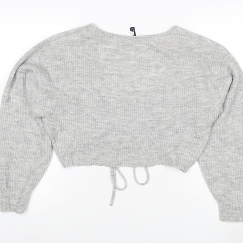 Cubic Women Grey S V-Neck Drawstring Cropped Knit Pullover Jumper
