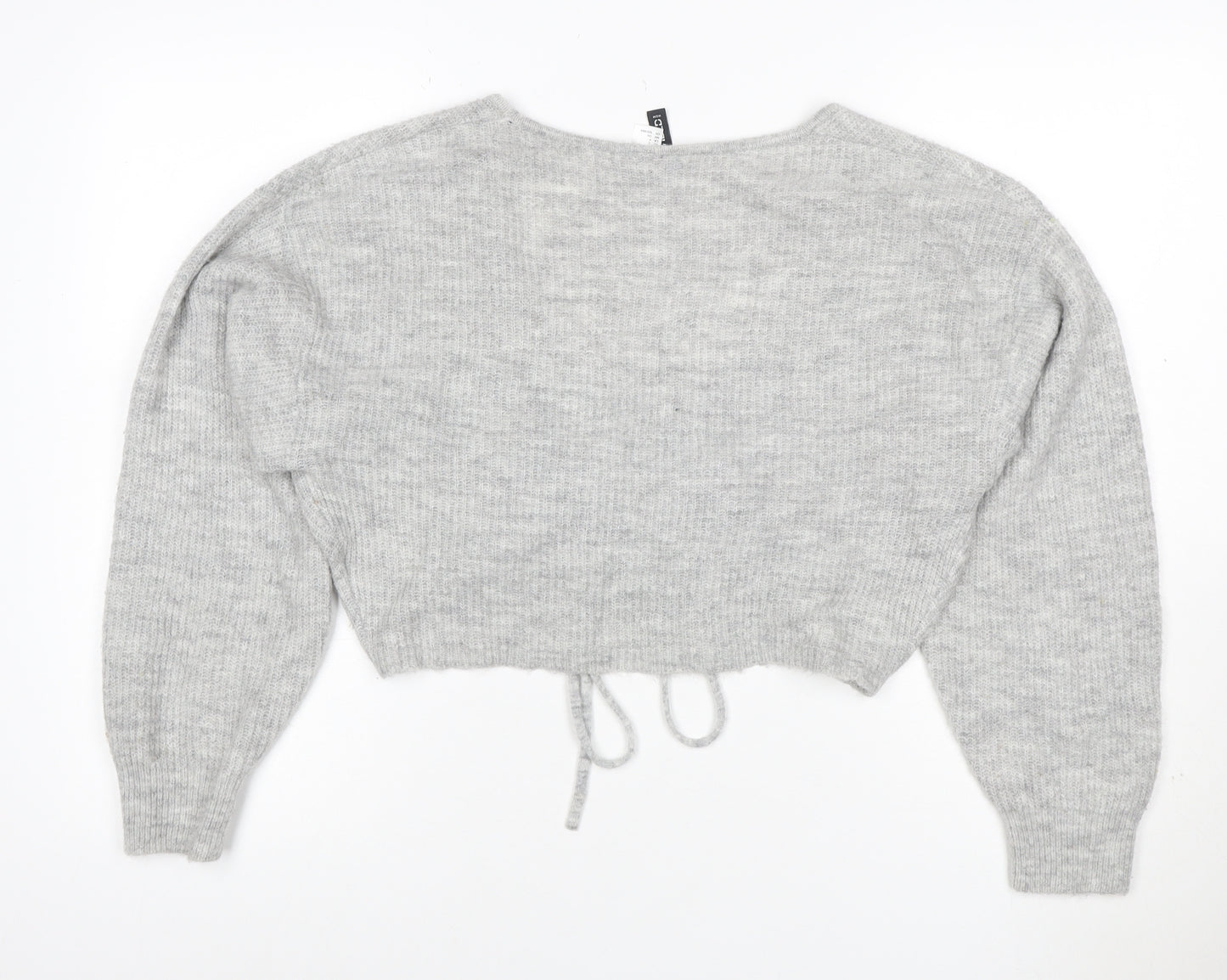 Cubic Women Grey S V-Neck Drawstring Cropped Knit Pullover Jumper