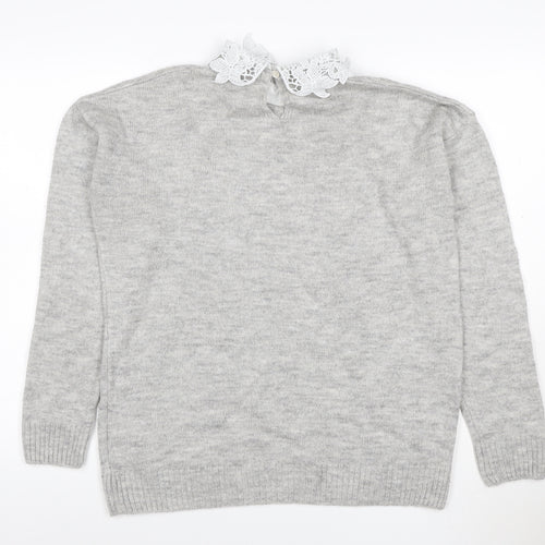 Next Women Grey UK 12 Lace Collar Long Sleeve Knit Pullover Jumper