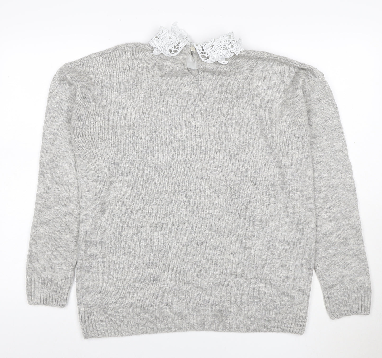 Next Women Grey UK 12 Lace Collar Long Sleeve Knit Pullover Jumper
