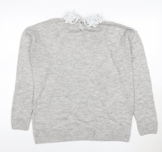 Next Women Grey UK 12 Lace Collar Long Sleeve Knit Pullover Jumper