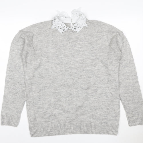 Next Women Grey UK 12 Lace Collar Long Sleeve Knit Pullover Jumper
