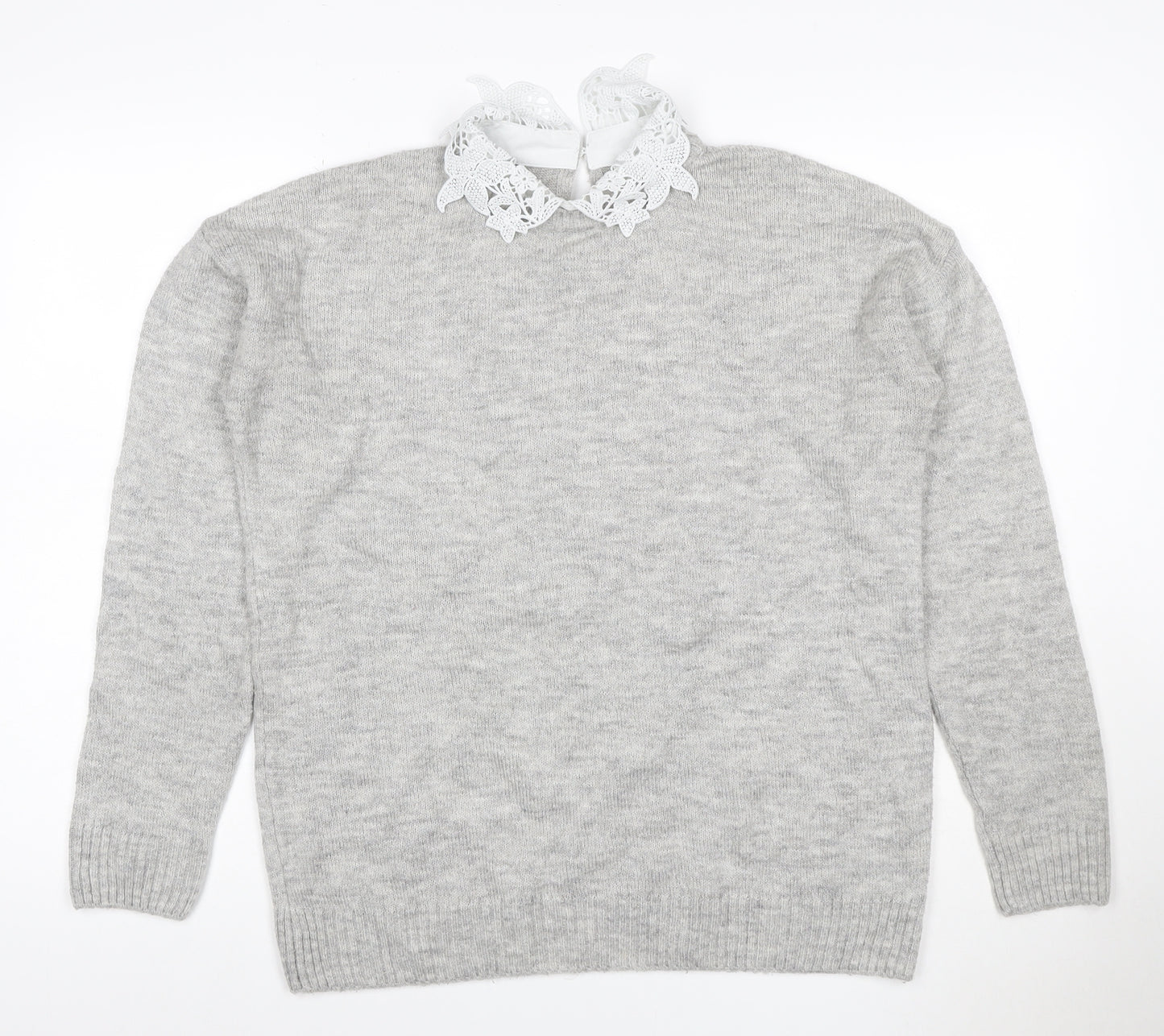 Next Women Grey UK 12 Lace Collar Long Sleeve Knit Pullover Jumper