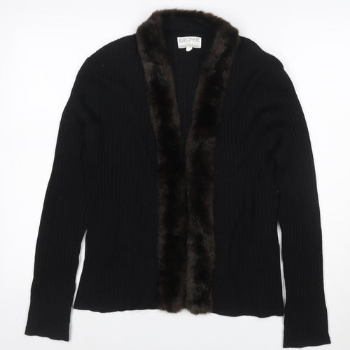 Kasper ASL Women’s Black XL Rib Knit Open Cardigan Fur Trim Wool Blend