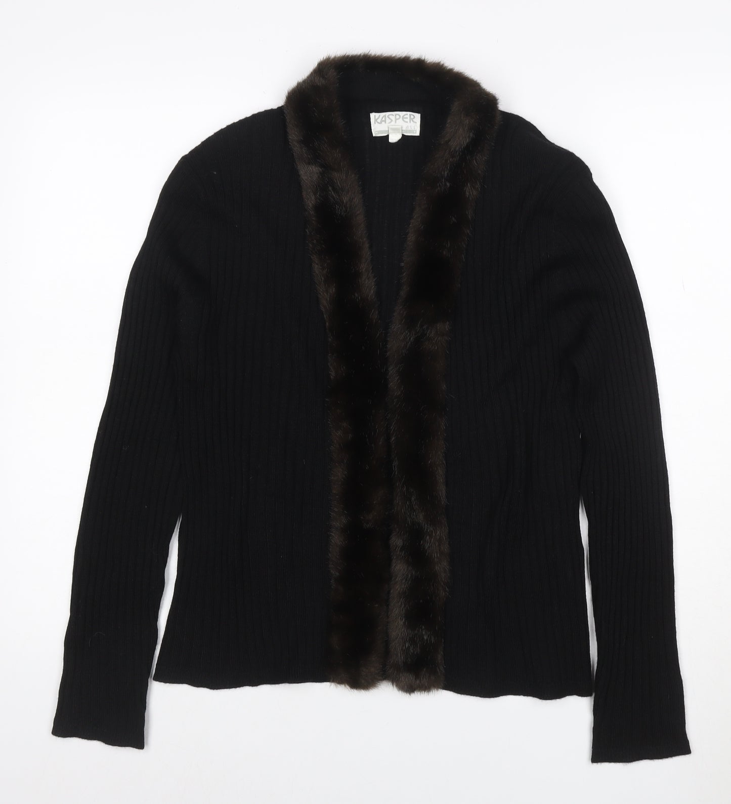 Kasper ASL Women’s Black XL Rib Knit Open Cardigan Fur Trim Wool Blend