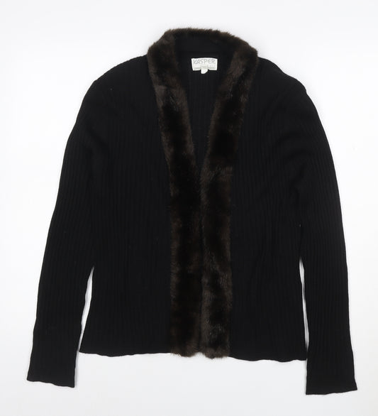 Kasper ASL Women’s Black XL Rib Knit Open Cardigan Fur Trim Wool Blend