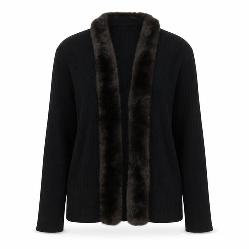 Kasper ASL Women’s Black XL Rib Knit Open Cardigan Fur Trim Wool Blend