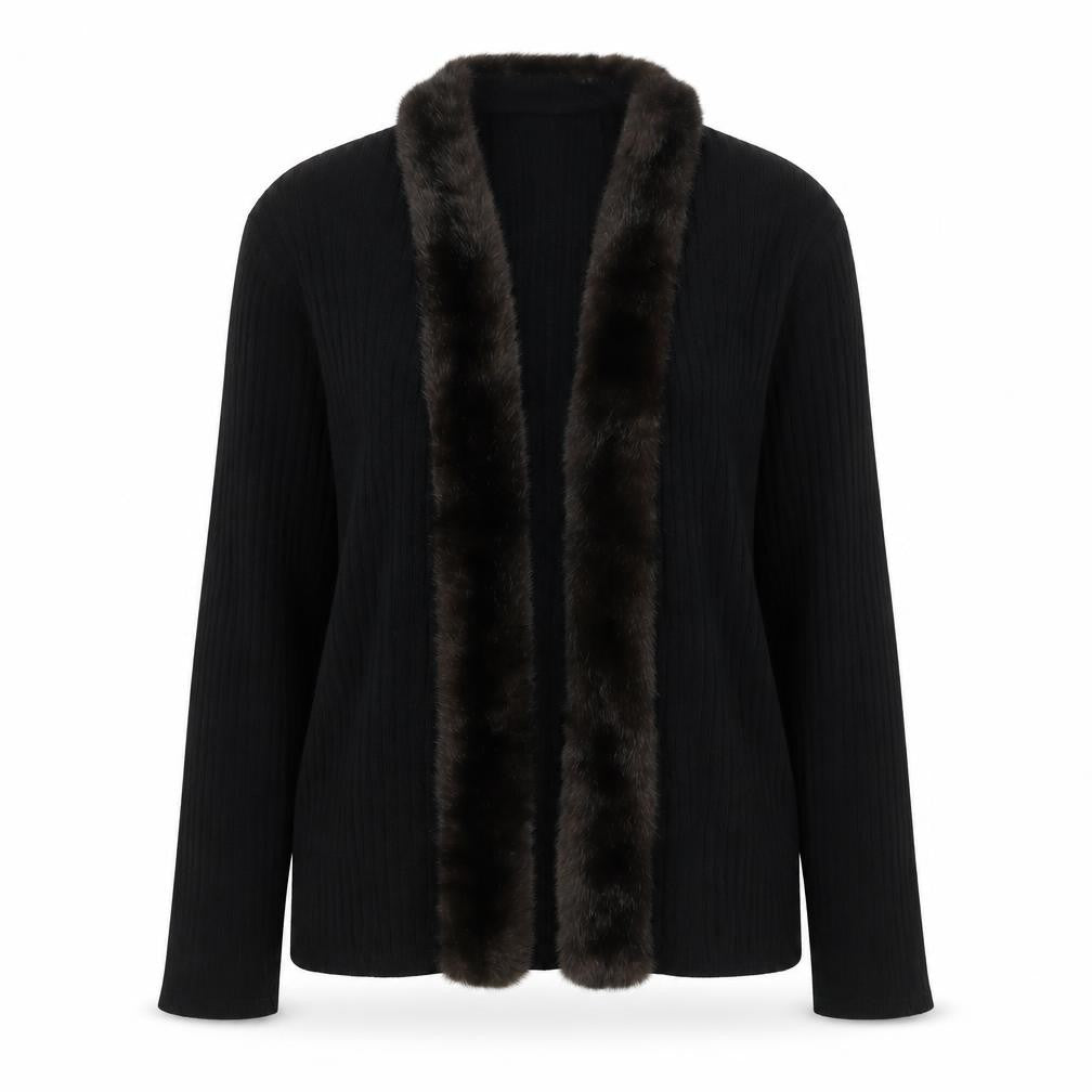 Kasper ASL Women’s Black XL Rib Knit Open Cardigan Fur Trim Wool Blend