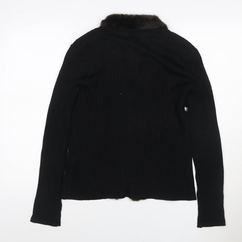 Kasper ASL Women’s Black XL Rib Knit Open Cardigan Fur Trim Wool Blend
