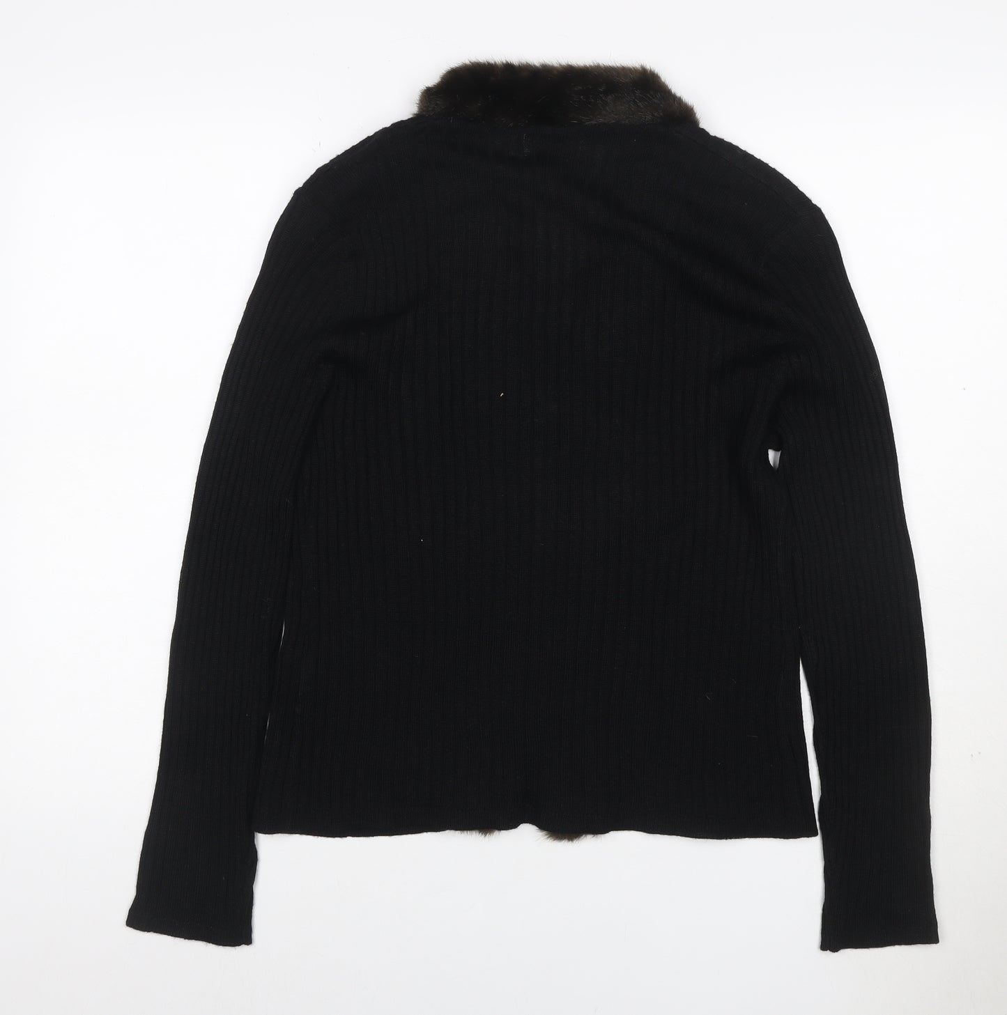 Kasper ASL Women’s Black XL Rib Knit Open Cardigan Fur Trim Wool Blend