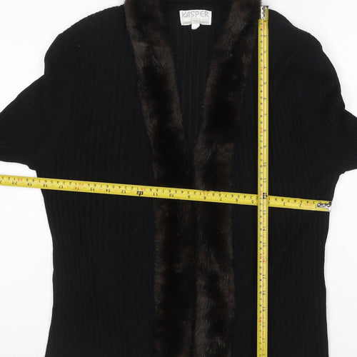 Kasper ASL Women’s Black XL Rib Knit Open Cardigan Fur Trim Wool Blend