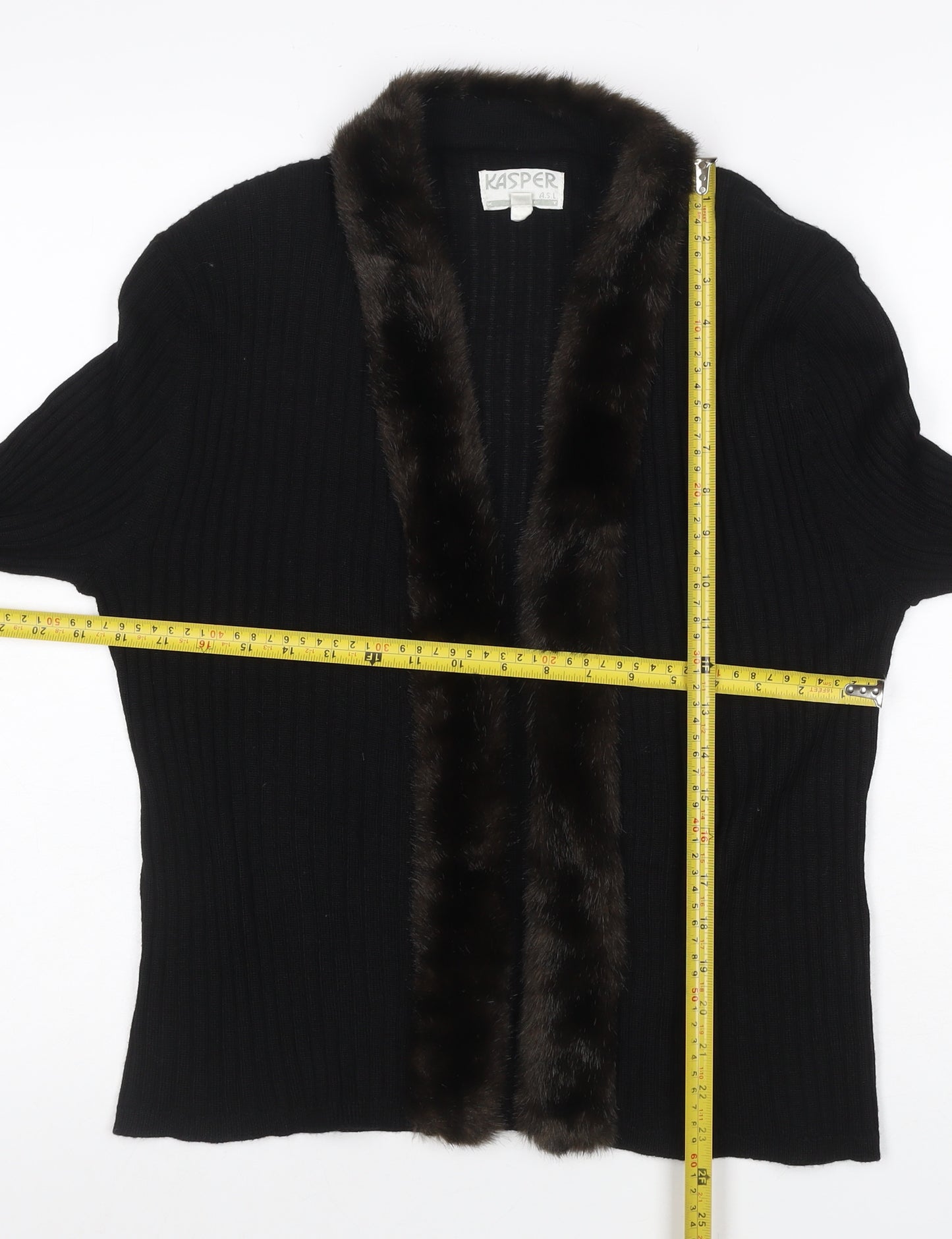 Kasper ASL Women’s Black XL Rib Knit Open Cardigan Fur Trim Wool Blend