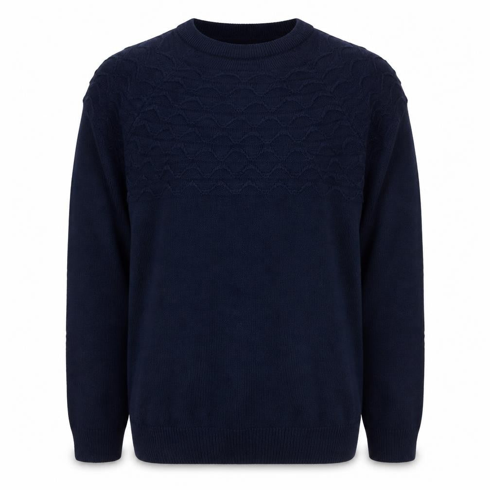 Front view of ME Men's Navy Blue M Cable Knit Crew Neck jumper Stretch