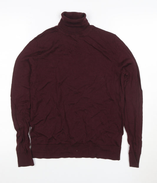 M&S Women Red Merino Wool UK 12 Roll Neck Fine Knit Jumper