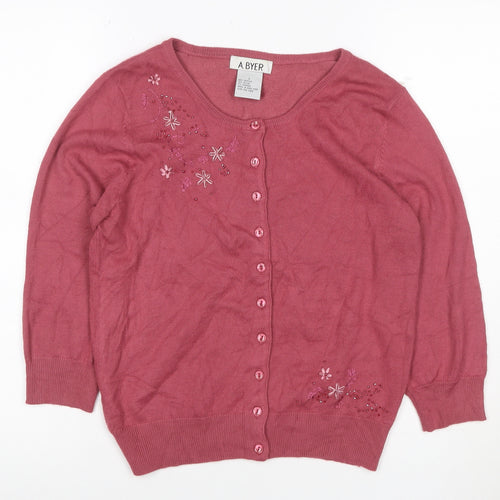 A. Byer Teens Pink L Floral Beaded Embroidered Knit Cardigan