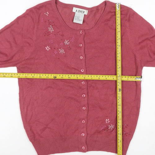 A. Byer Teens Pink L Floral Beaded Embroidered Knit Cardigan