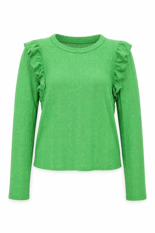 Zara Women Green S Ruffle Shoulder Crew Neck Knit Jumper