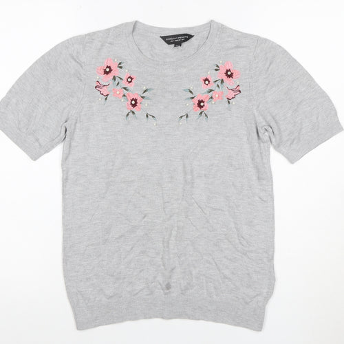 Dorothy Perkins Women Grey UK 8 Basic Embroidered Floral Knit Top
