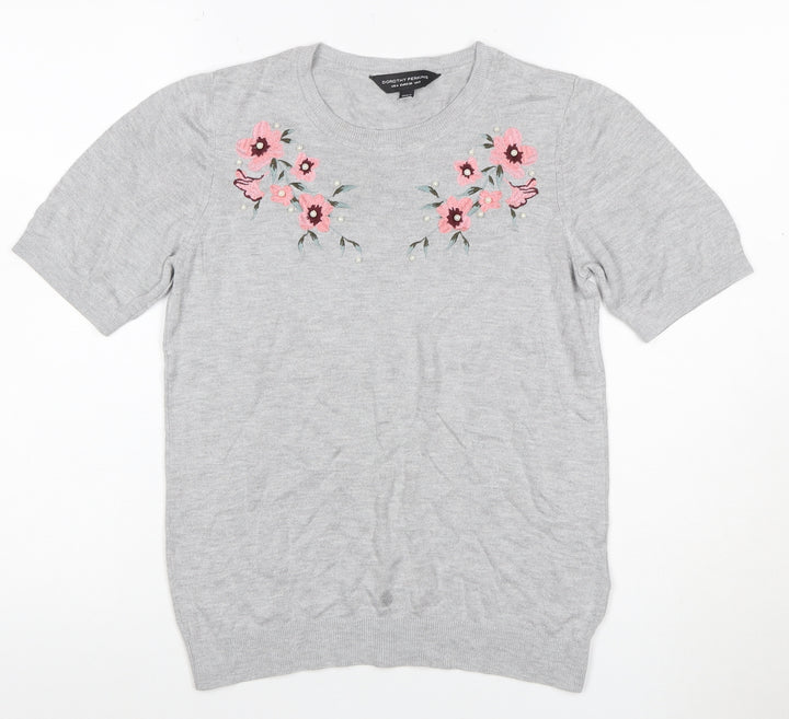 Dorothy Perkins Women Grey UK 8 Basic Embroidered Floral Knit Top