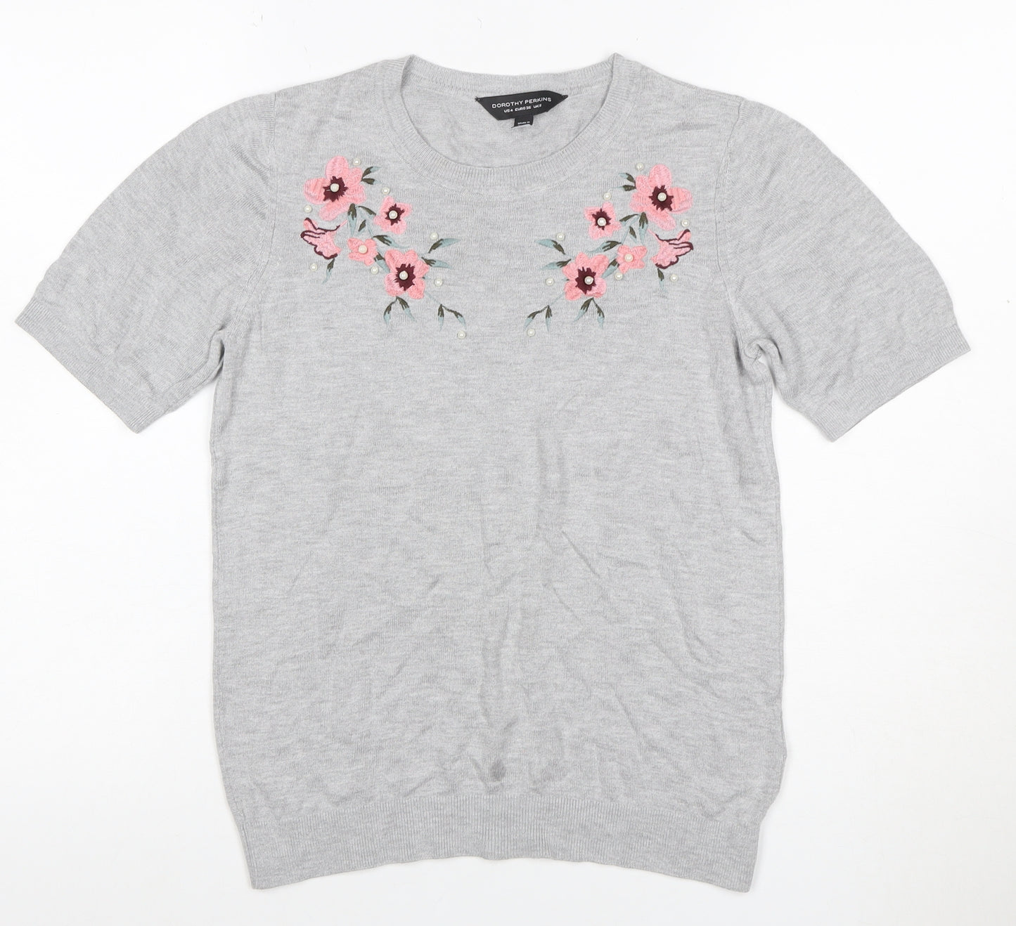 Dorothy Perkins Women Grey UK 8 Basic Embroidered Floral Knit Top
