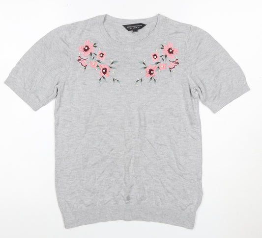 Dorothy Perkins Women Grey UK 8 Basic Embroidered Floral Knit Top