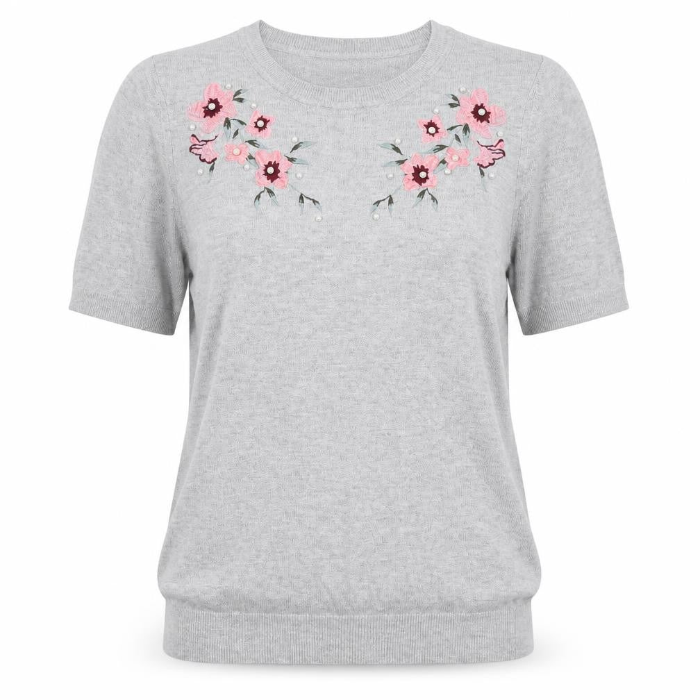 Front view of Dorothy Perkins Women Grey UK 8 Basic Embroidered Floral Knit Top