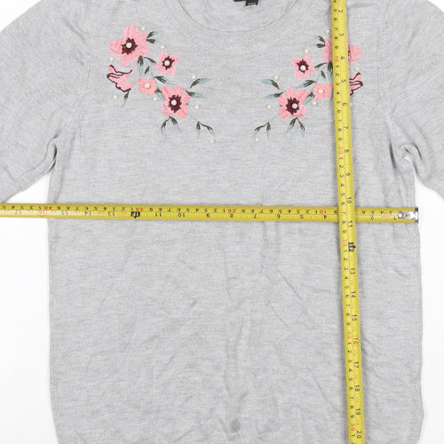 Dorothy Perkins Women Grey UK 8 Basic Embroidered Floral Knit Top