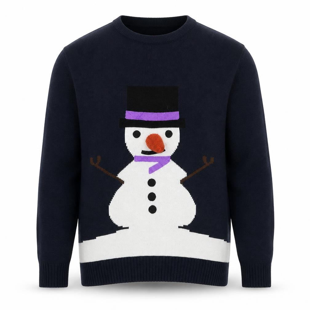 Front view of Christmas Jumper King Men’s Blue XL Snowman Crew Neck Knit Pullover