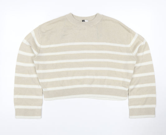 Cropp Women Beige White Striped Crew Neck Acrylic Knit Jumper M