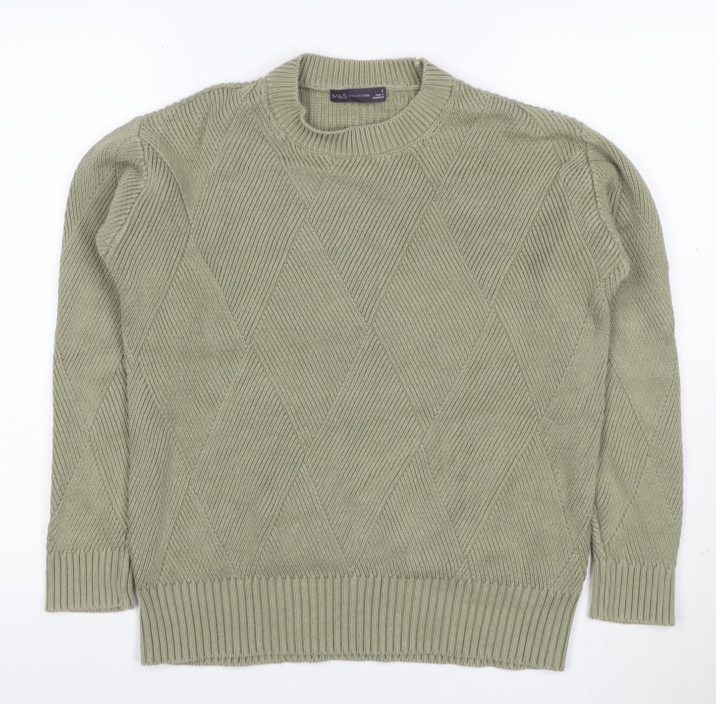 Marks & Spencer Women Green S Cotton Blend Argyle Knit Pullover Jumper