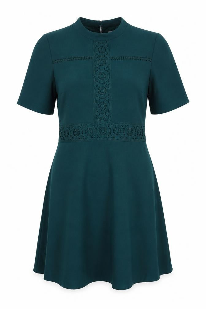 Oasis Women Green UK 14 Fit & Flare Knee Dress Lace Trim