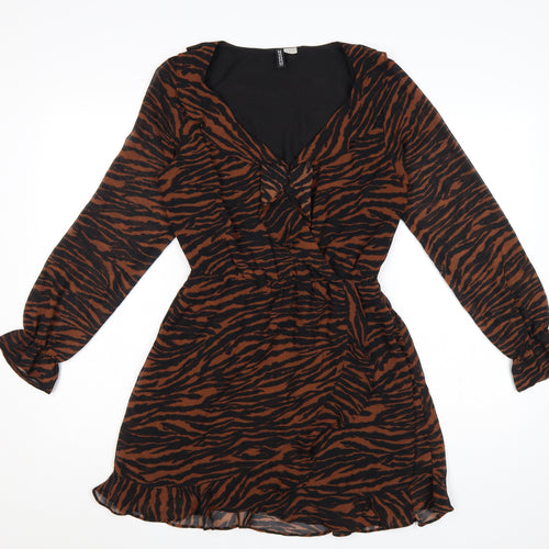 H&M Divided Women’s Brown Black Tiger Print Wrap Mini Dress UK 8