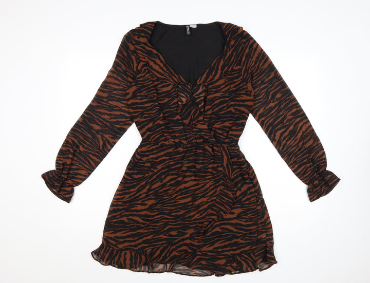 H&M Divided Women’s Brown Black Tiger Print Wrap Mini Dress UK 8