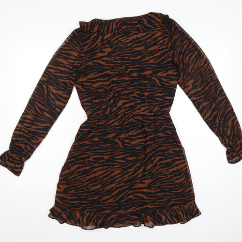 H&M Divided Women’s Brown Black Tiger Print Wrap Mini Dress UK 8
