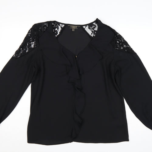 Lipsy Women Black UK 16 Ruffle Lace V-Neck Long Sleeve Blouse