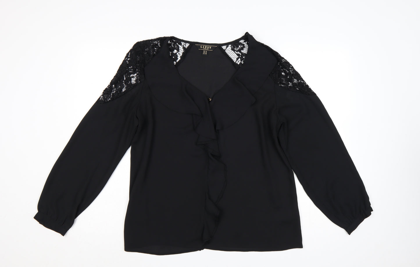 Lipsy Women Black UK 16 Ruffle Lace V-Neck Long Sleeve Blouse
