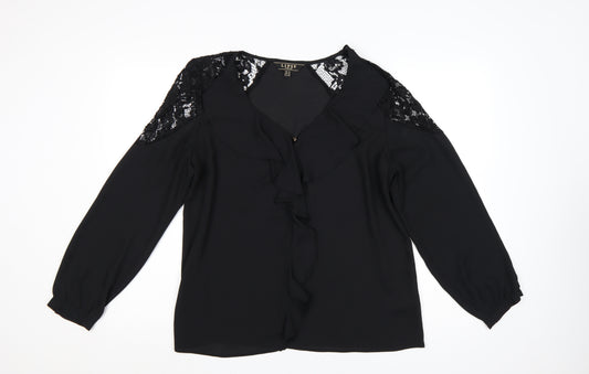 Lipsy Women Black UK 16 Ruffle Lace V-Neck Long Sleeve Blouse