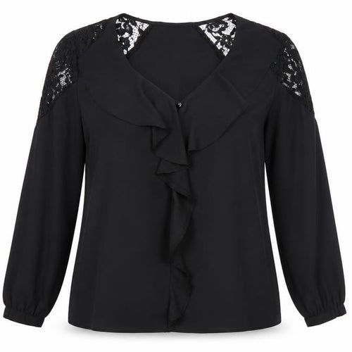 Lipsy Women Black UK 16 Ruffle Lace V-Neck Long Sleeve Blouse
