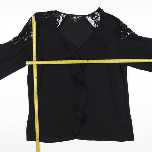 Lipsy Women Black UK 16 Ruffle Lace V-Neck Long Sleeve Blouse