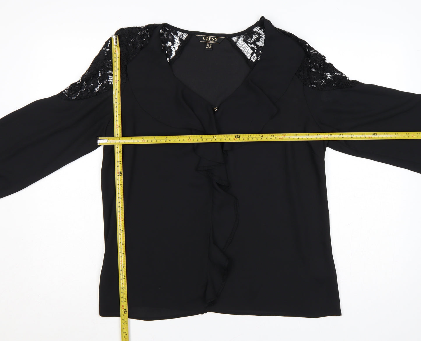 Lipsy Women Black UK 16 Ruffle Lace V-Neck Long Sleeve Blouse