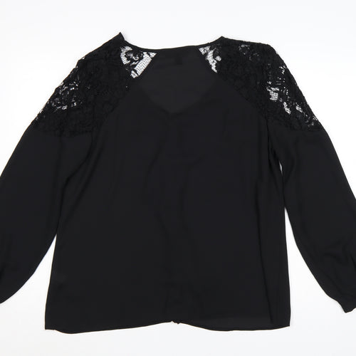 Lipsy Women Black UK 16 Ruffle Lace V-Neck Long Sleeve Blouse