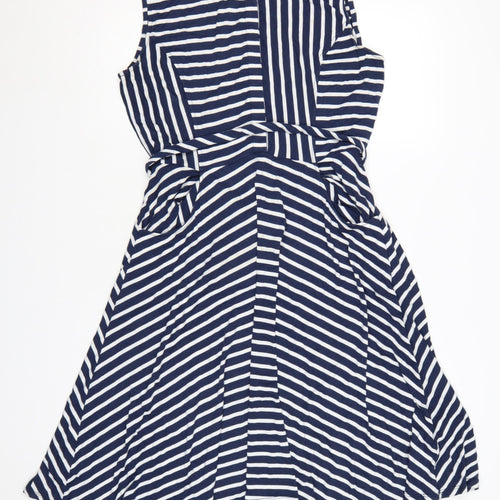 Laura Ashley Women Blue Striped UK 14 Shirt Dress Belted Sleeveless
