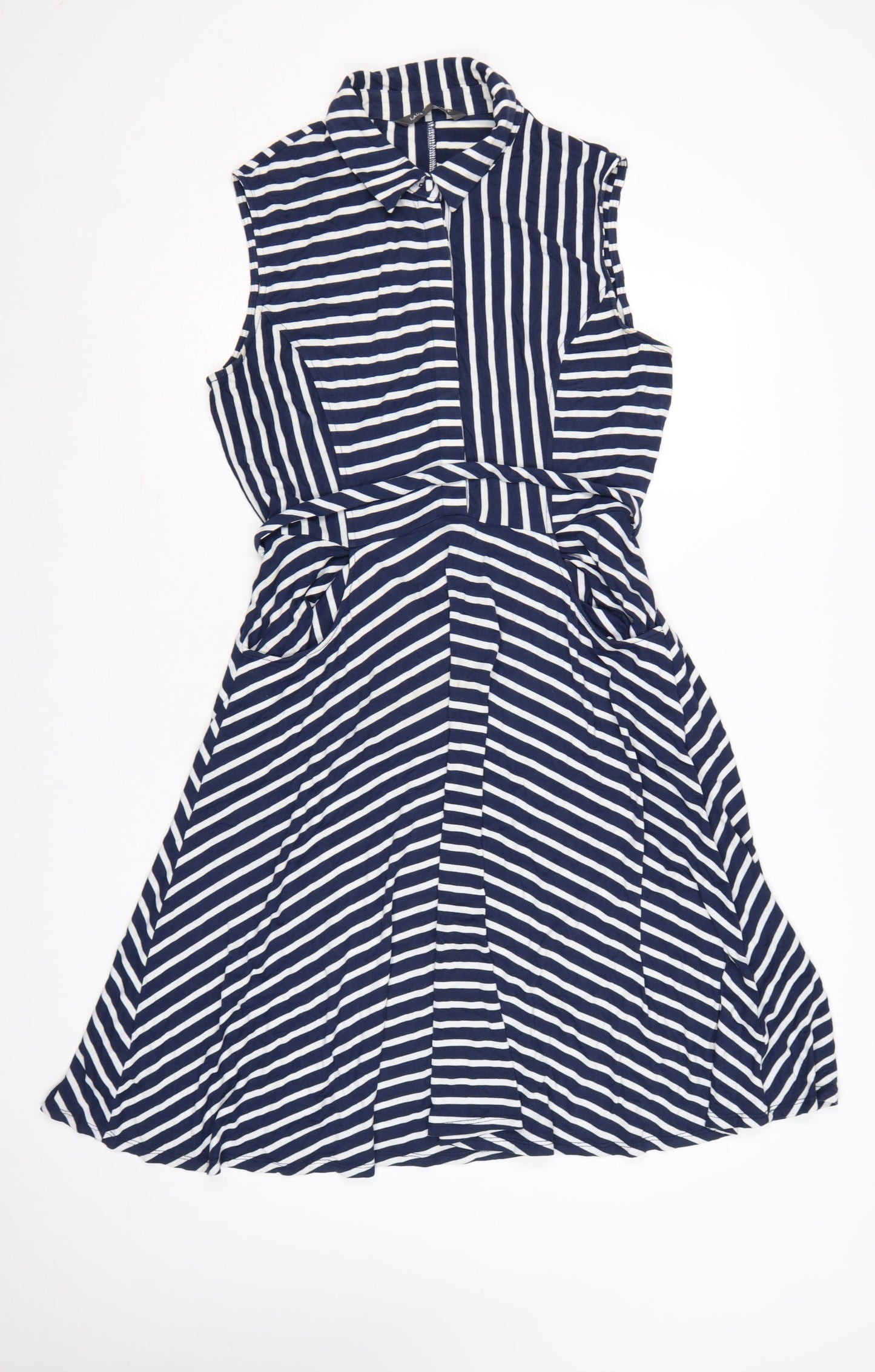 Laura Ashley Women Blue Striped UK 14 Shirt Dress Belted Sleeveless