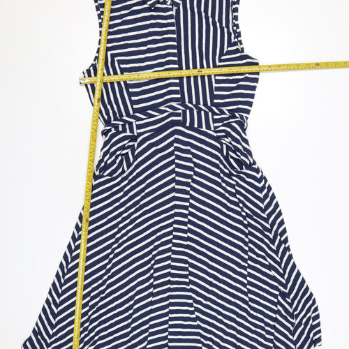 Laura Ashley Women Blue Striped UK 14 Shirt Dress Belted Sleeveless
