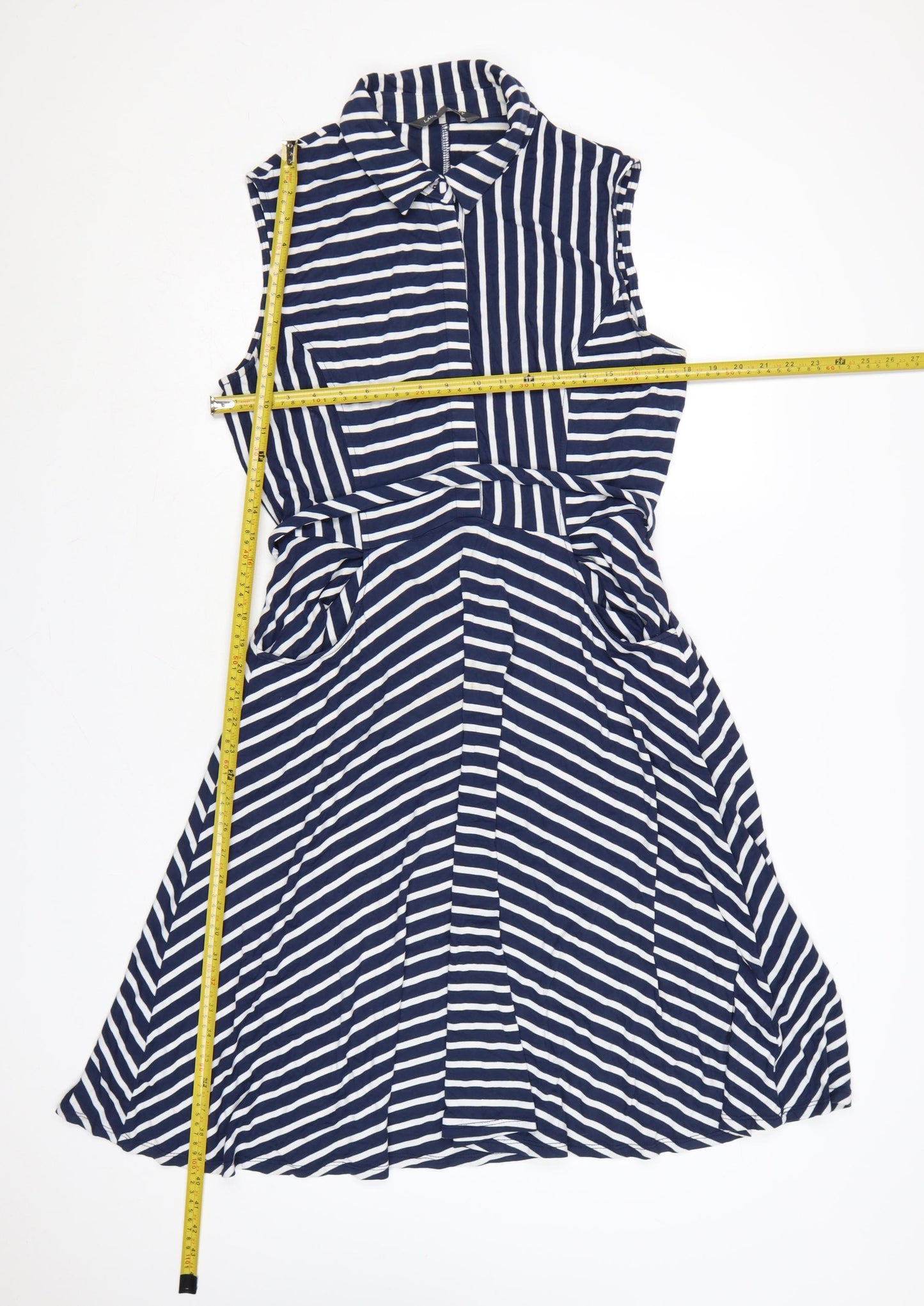 Laura Ashley Women Blue Striped UK 14 Shirt Dress Belted Sleeveless