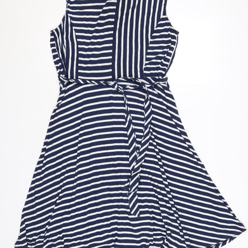 Laura Ashley Women Blue Striped UK 14 Shirt Dress Belted Sleeveless